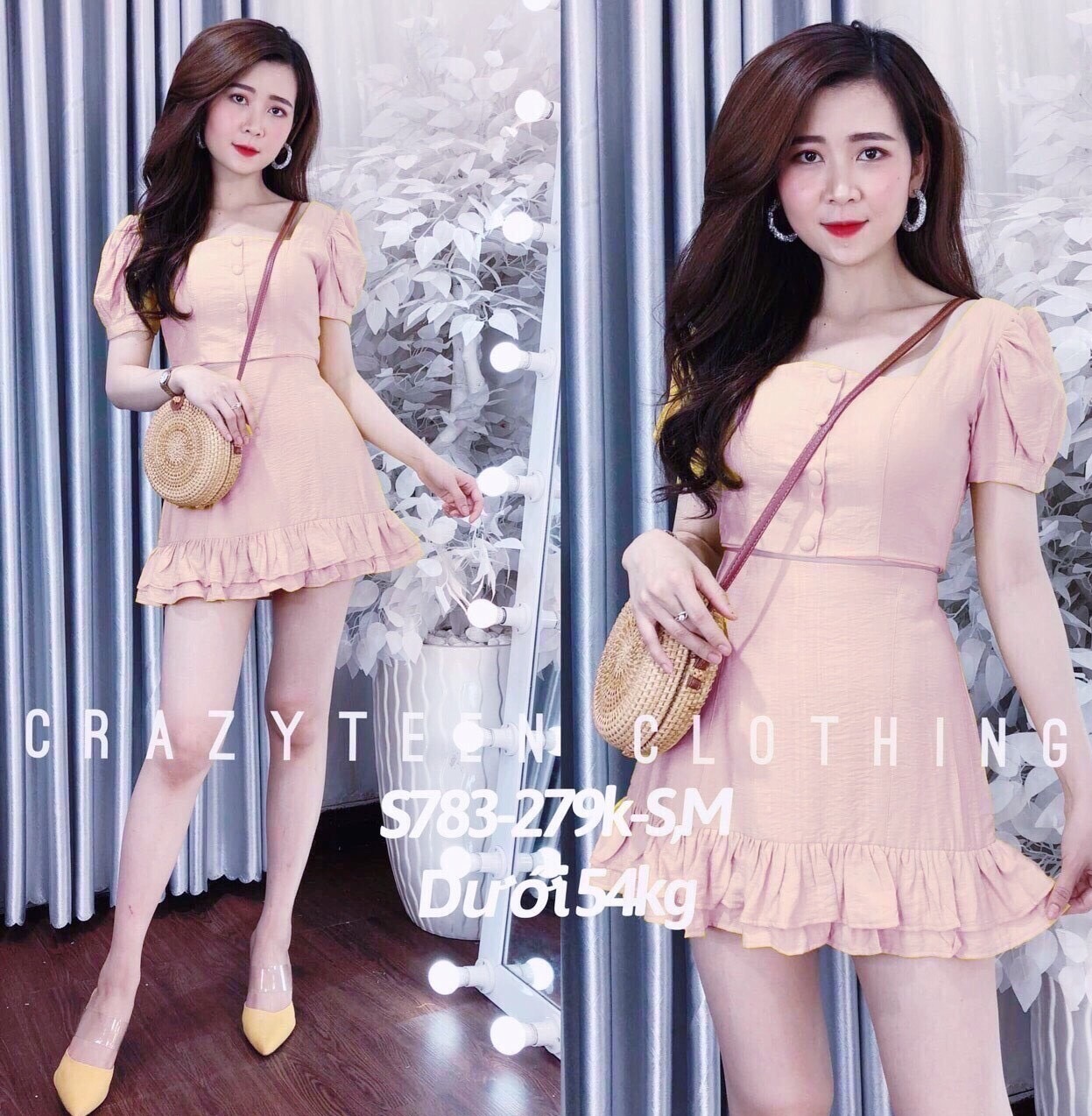 Set áo cổ vuông đính nút váy đuôi cá