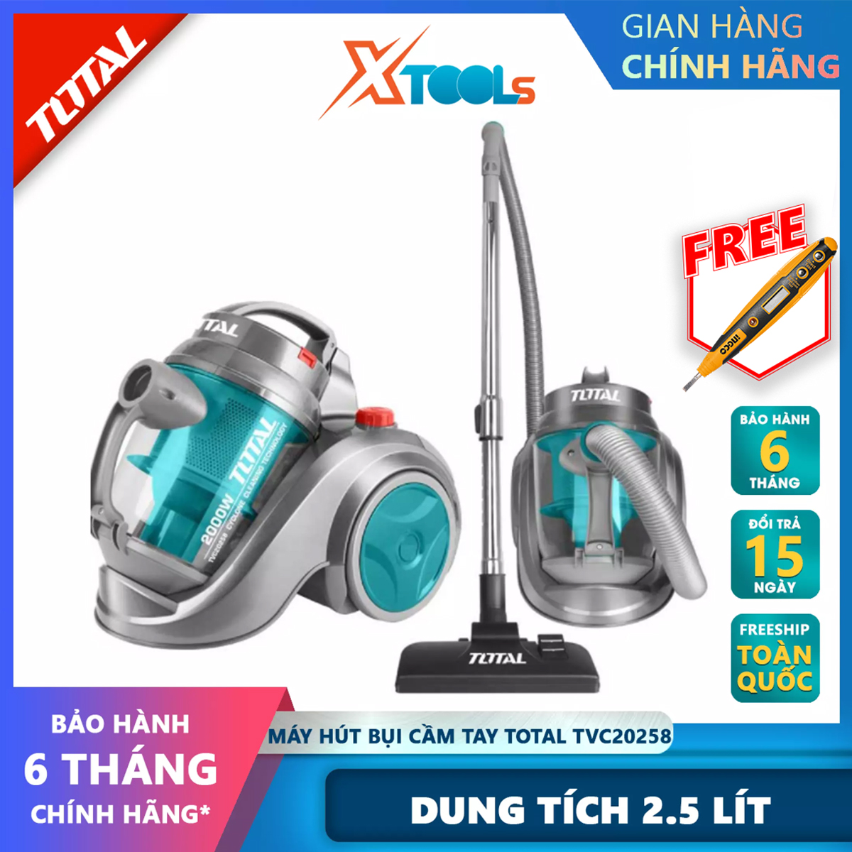 Handheld vacuum cleaner total tvc20258 suction power: 2000W capacity: 2.5L blower: 2.0-2.3 m3/min suction pressure: 20 MPa