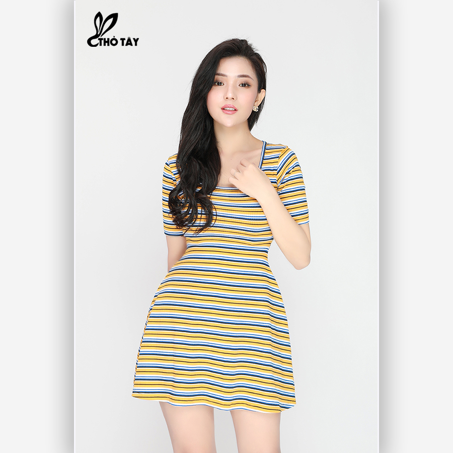 Đầm Xòe Thun Sọc Cổ U - THỎ TÂY D298B375