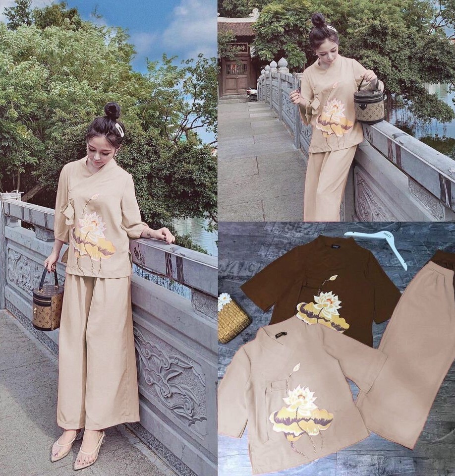 [HCM]SET ĐỒ LAM ĐI CHÙA PHỐI HOA THÊU CAO CẤP