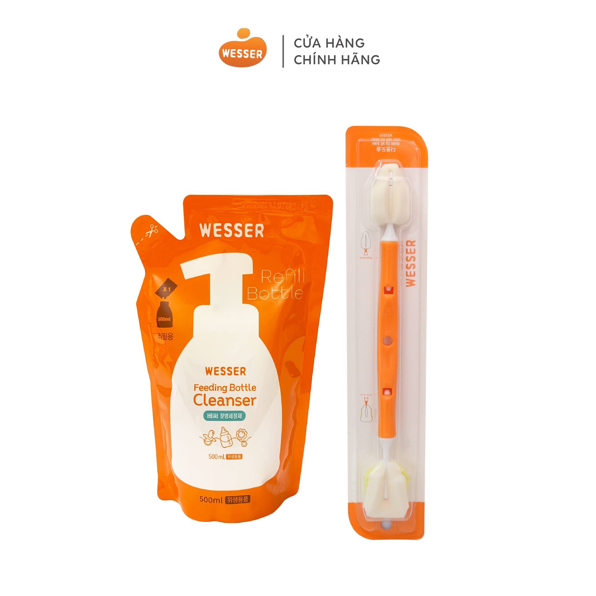 Combo Nước rửa bình sữa gói+ Dụng cụ vệ sinh bình sữa đa năng Wesser - Thương Hiệu Hàn Quốc An Toàn Cho Bé