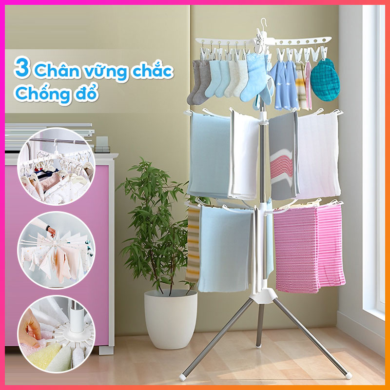 Cây phơi đồ gấp gọn inox giàn phơi đồ 3 tầng Cây treo quần áo DECROOM Cây phơi quần áo đa năng Cây sào phơi đồ inox thông minh có móc kẹp xoay 360 độ Giá Treo Quần Áo Sào phơi đồ cho bé sơ sinh xếp gọn Sào treo quần áo