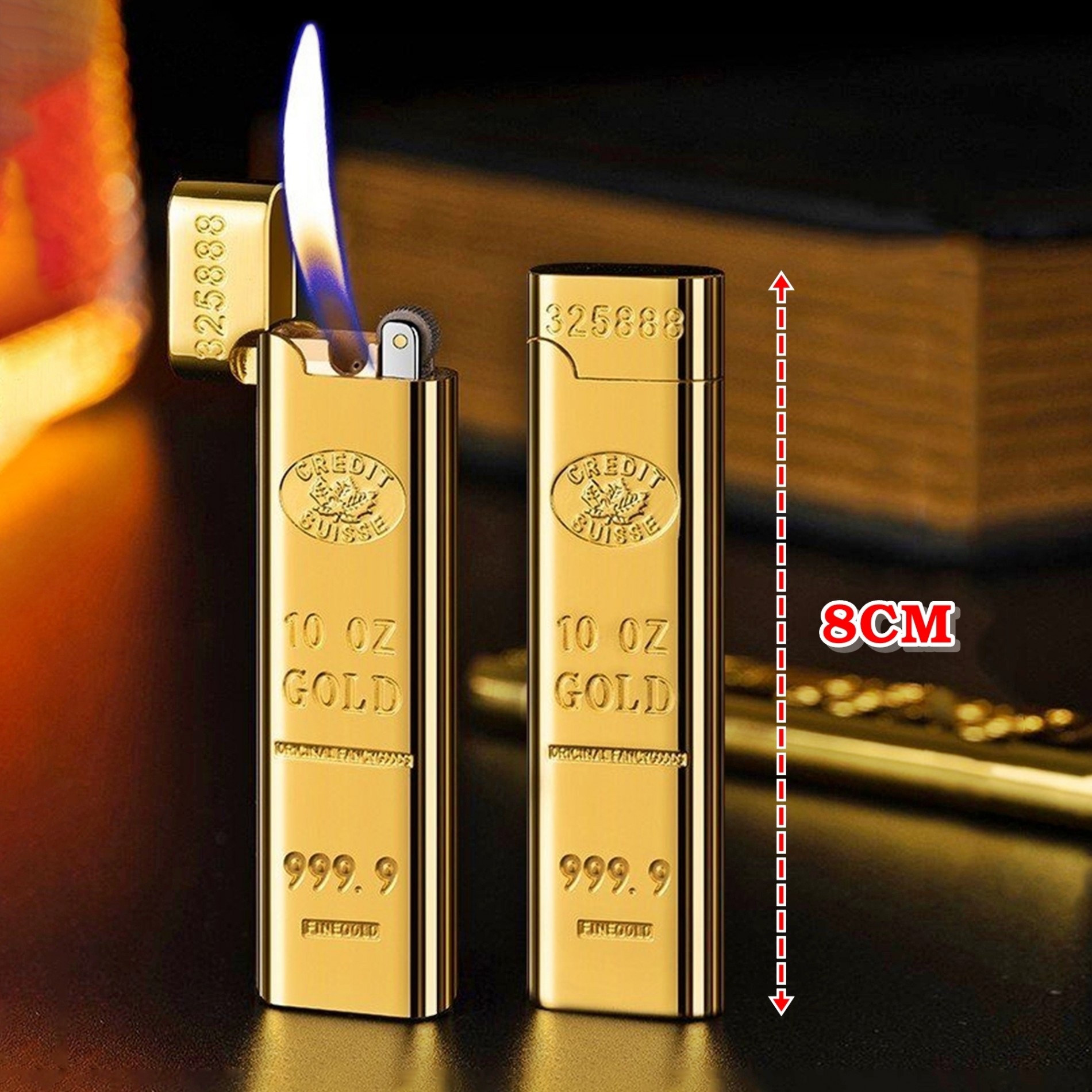 Bật lửa Gas đá hình thỏi Vàng 9999 dài (Thanh Vàng 9999 dài) (Fullbox) - (Xài gas)