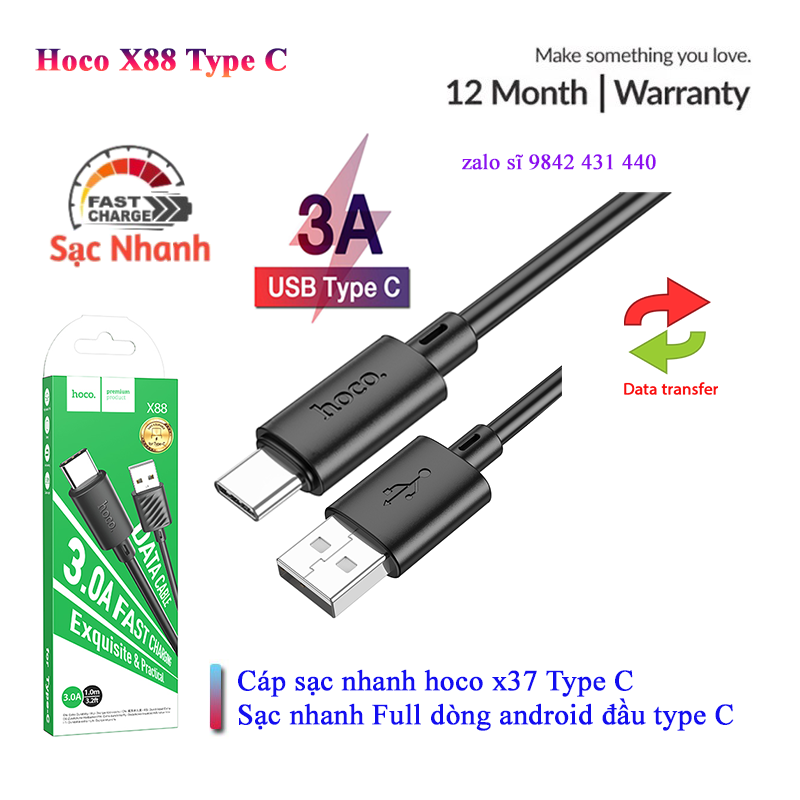 Cáp sạc nhanh cho Android Hoco x88 TypeC sạc nhanh 2.4A dài 1M