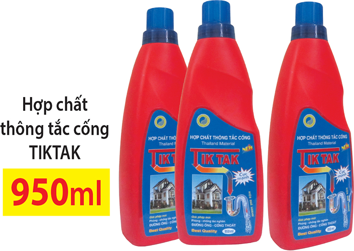 Nước thông cống Tiktak siêu mạnh dạng chai nhựa 950ml, thông tắc cống trong tíc tắc
