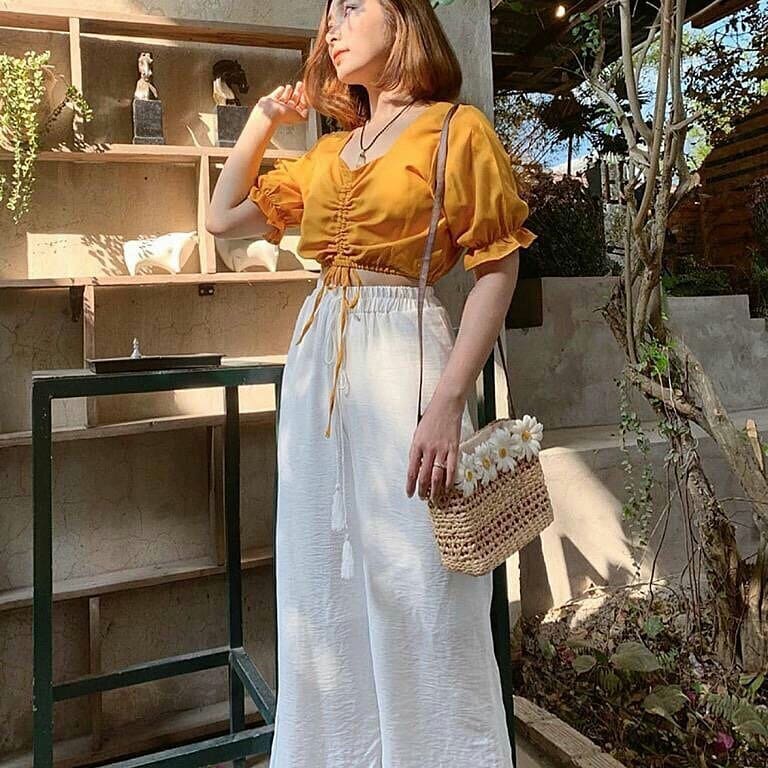 [HCM]SET BỘ NỮ QUẦN ỐNG RỘNG ÁO CROPTOP PHỐI DÂY RÚT CỰC XINH