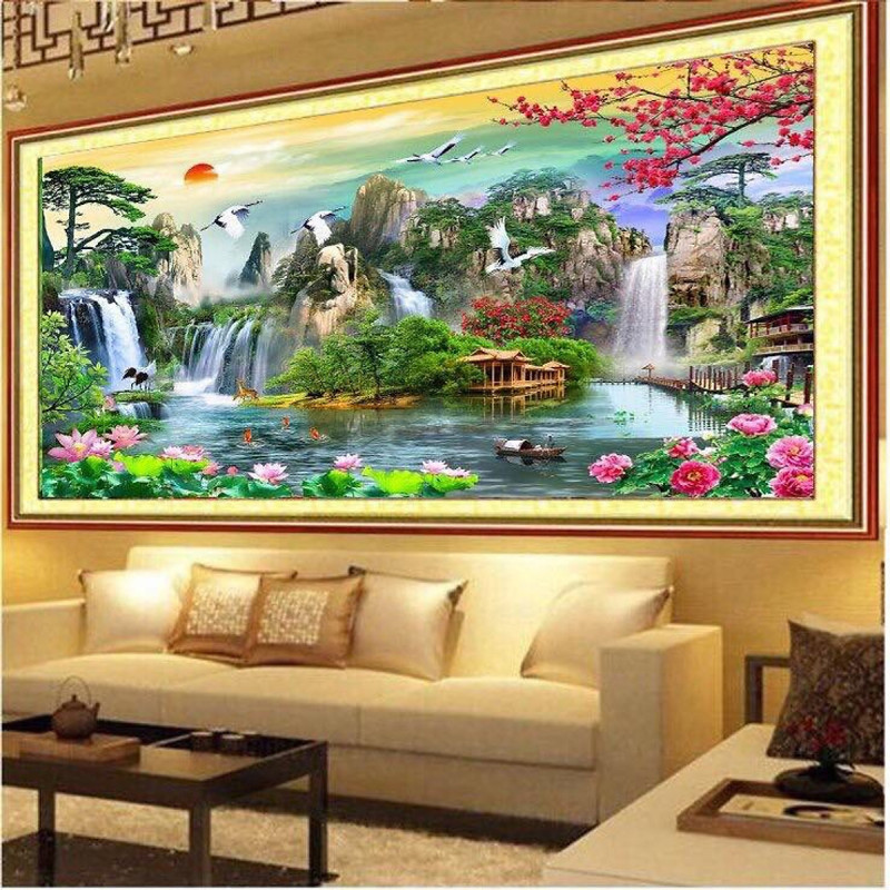 Tranh treo tường phòng khách-Tranh Sơn Thủy Hữu Tình M02/ Gỗ MDF cao cấp phủ kim sa/ Chống ẩm mốc, mối mọt/Bo viền góc tròn