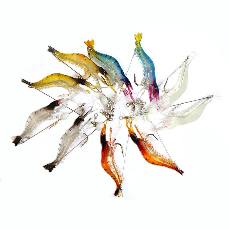 Sét 10 Mồi câu giả tôm phản quang khá mềm, thiết kế sinh động, khi câu cá ban đêm, tôm sẽ phát sáng hiệu quả cao ( Chiều dài ngang thân tôm: 9,5cm. Dây khoá: 8,5cm )