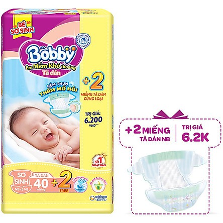 Tã Dán Bobby Sơ Sinh Siêu Thấm XS40 (40 Miếng) + 2 Miếng Tã Quần S