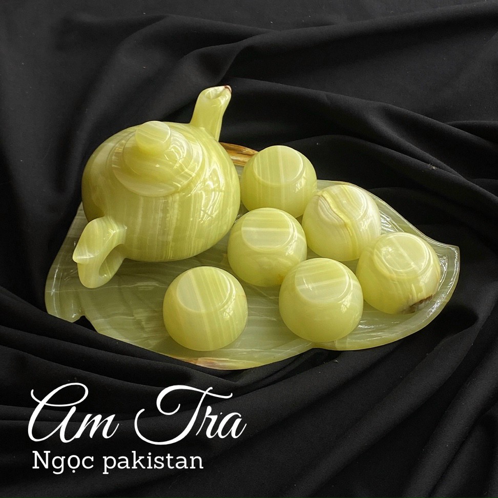Bộ Ấm Trà Đá Ngọc Hoàng Long , Đá Onyx Xanh - (Gồm 1 Ấm + 6 Chén + Đĩa Lá)