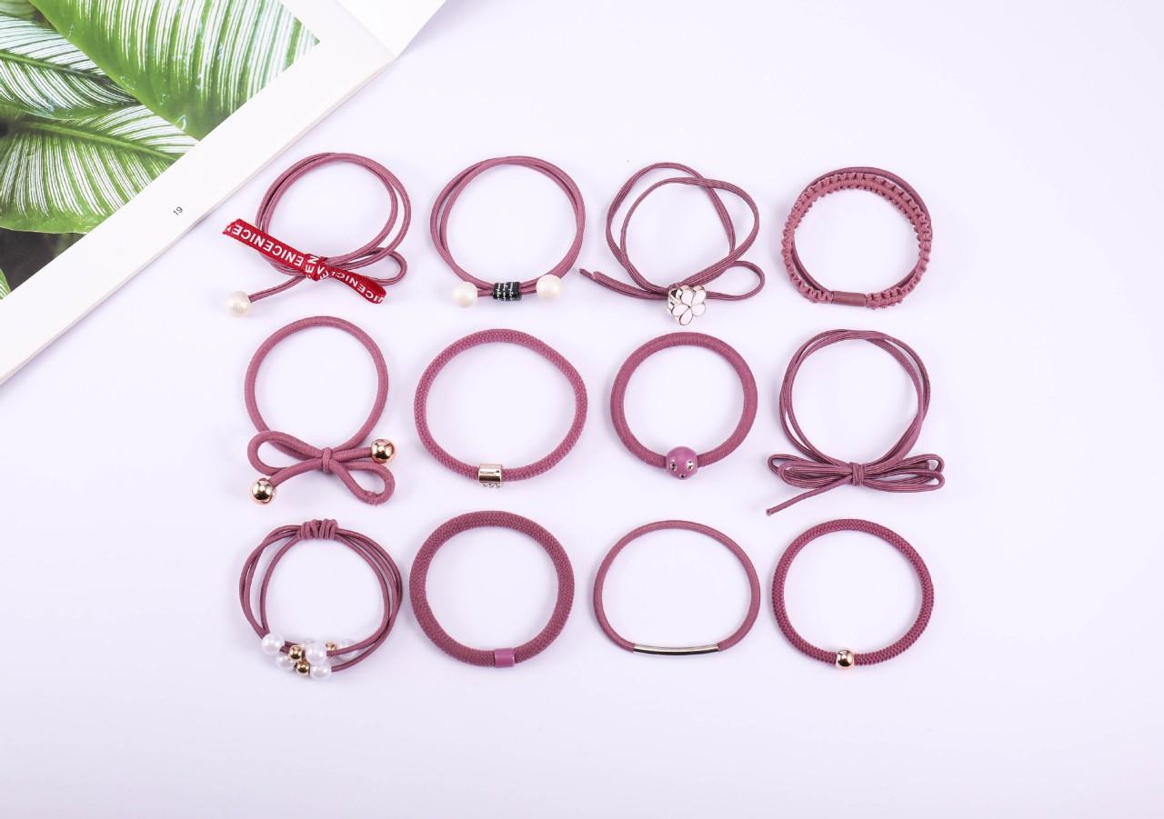 Bộ dây thun cột tóc Hàn Quốc 12 họa tiết ( Màu hồng đậm nho - Gồm Hộp)