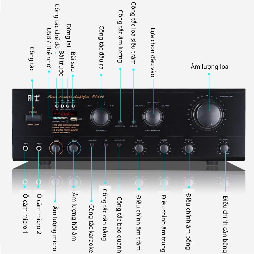 Amply, ampli, âm ly karaoke công suất 900W AV-602 - Bảo hành chính hãng 12 tháng, Âm ly rạp hát karaoke công suất lớn 5.1 kênh, Âm ly kết nối bluetooth