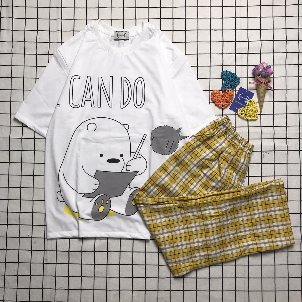 Sét Bộ Quần Dài Caro Ống Rộng + Áo Gấu Trắng CAN DO Cute  Sét Bộ 3D Cartoon Sét Bộ Hoạt Hình Dễ Thương  Sét Bộ Nhà Nam Nữ  Sét Bộ Dài Đẹp TTSLB0070