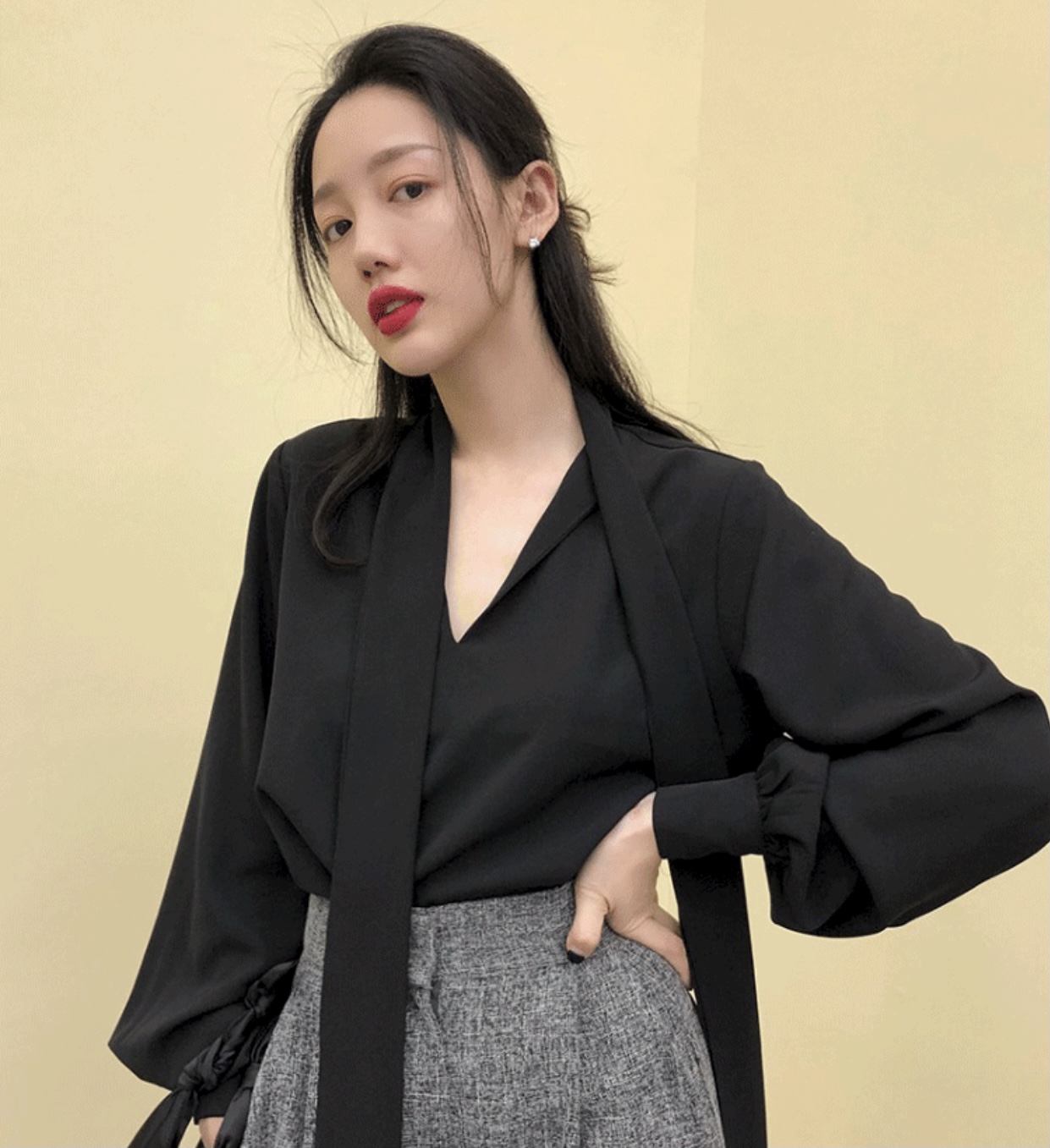 MS271 Áo sơ mi nữ vạt dài thắt nơ