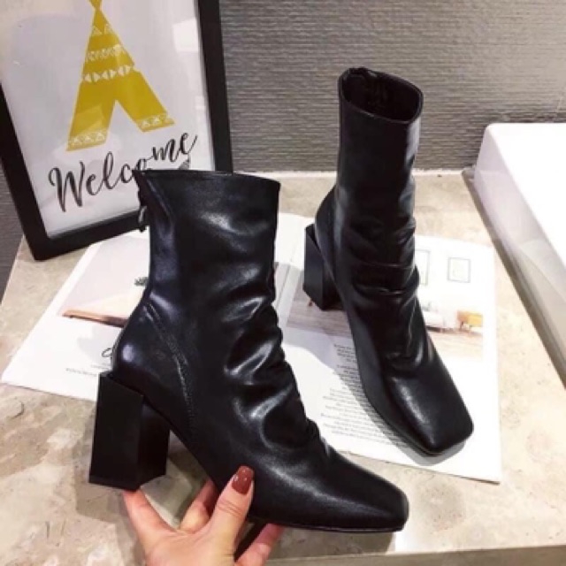 Giày bốt cao gót 7 phân nhăn khoá sau Shoesshop