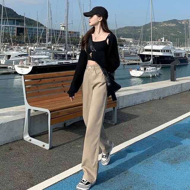 Simple Blue High-Waist Straight-Leg Jeans Spring And Autumn Women's Daily Casual All-Match Basic -Fit Straight-Leg Jeans
