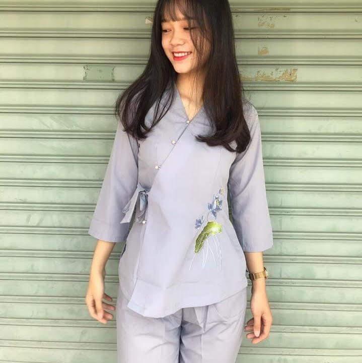 [HCM]Đồ lam đi chùa bà lai nhật thêu sen