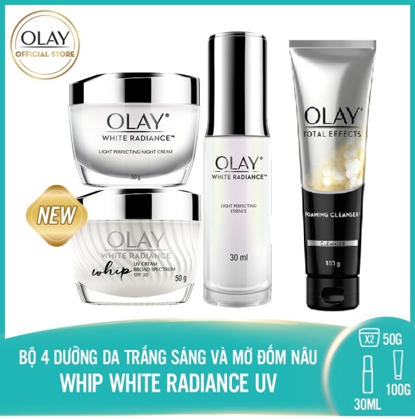 Trọn bộ 4 sản phẩm dưỡng da trắng sáng và xóa mờ đốm nâu Olay White Radiance Whip