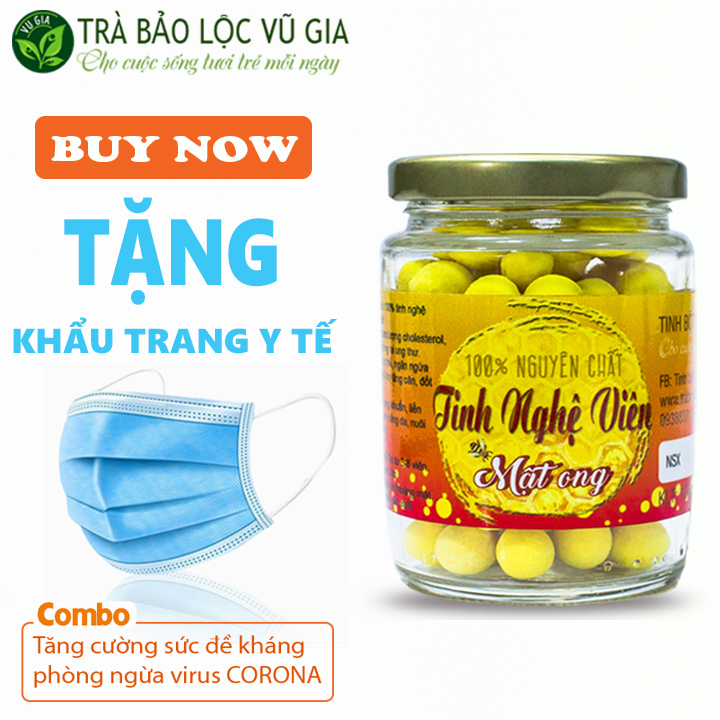 Viên Nghệ Mật Ong Nguyên Chất Vũ Gia 100g + Tặng Khẩu Trang Y Tế - Hỗ trợ bệnh đau dạ dày, tiêu hóa, ngừa mụn trứng cá, vết thâm, nám, tàn nhang, đẹp da, giảm cân an toàn - Đã được kiểm nghiệm y tế
