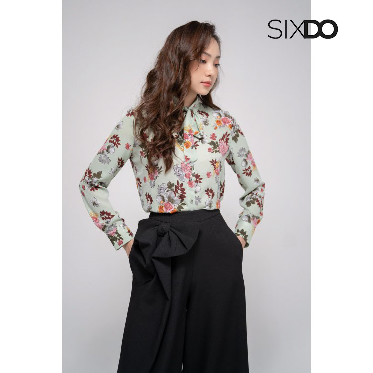 Áo sơ mi nữ xanh họa tiết hoa thời trang SIXDO