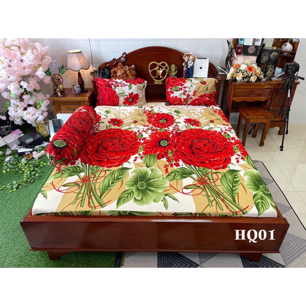 Bộ ga gối thun lạnh hàn quốc Vạn phát mẫu Hoa hồng