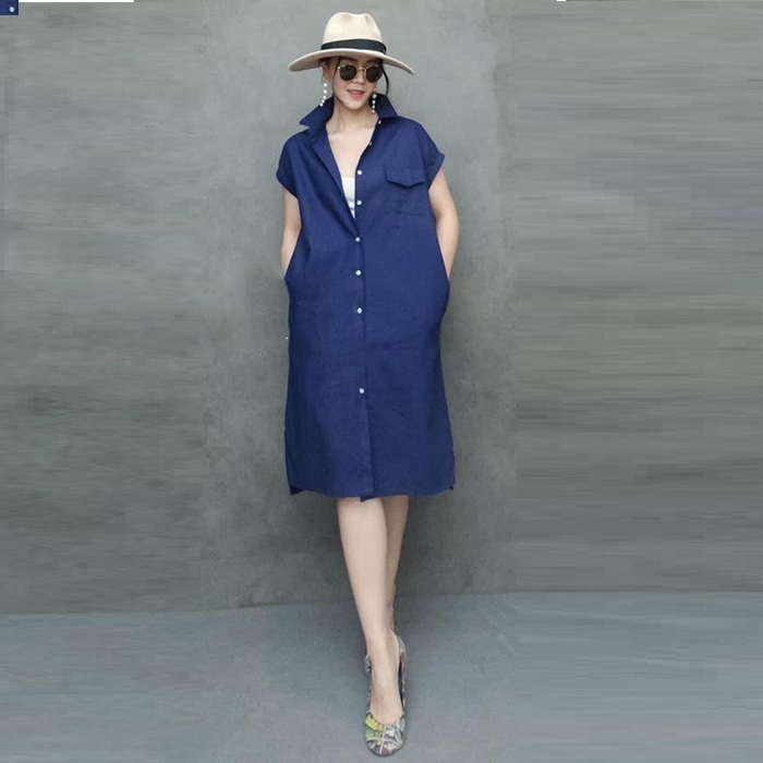 Đầm suông sơ mi linen tay con trẻ trung - Xanh cô ban