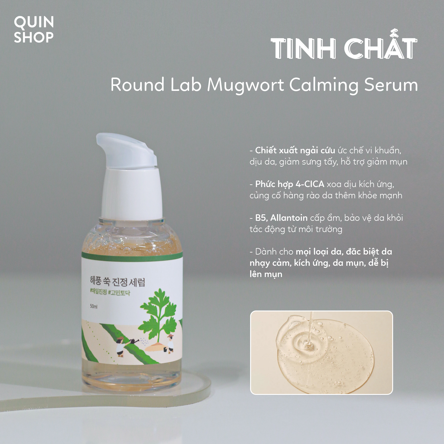 Tinh chất ngải cứu, cây thông cấp ẩm, dịu da round lab mugwort calming, pine calming cica, 1025 dokdo ampoule serum