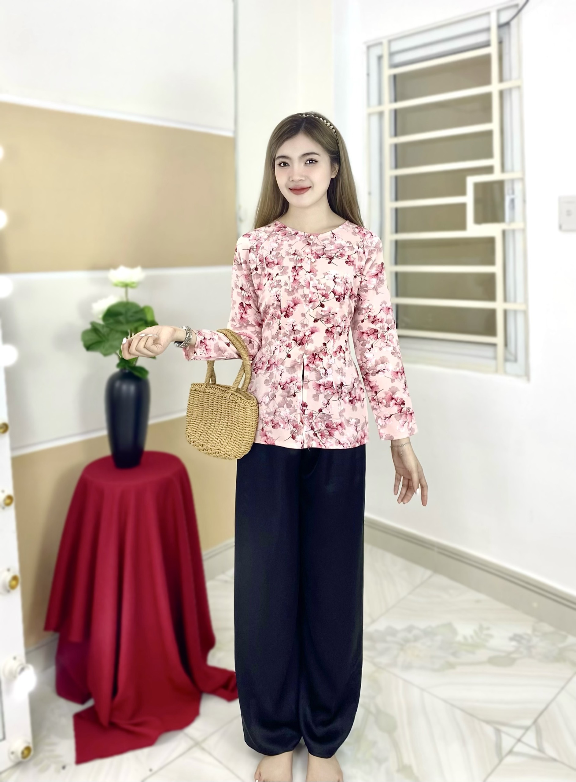Nguyên Bộ Bà Ba Hoa Tay Dài Lụa Mango L01