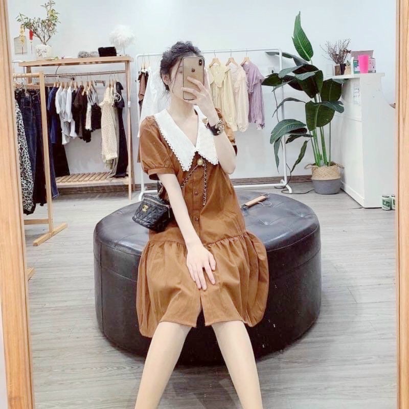 Đầm kem cổ trắng viền ren