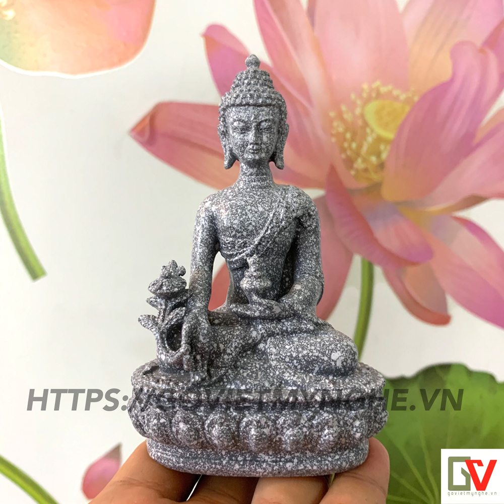 Tượng đá phật dược sư lưu ly quang ngồi tòa sen - cao 12cm - màu đá xám