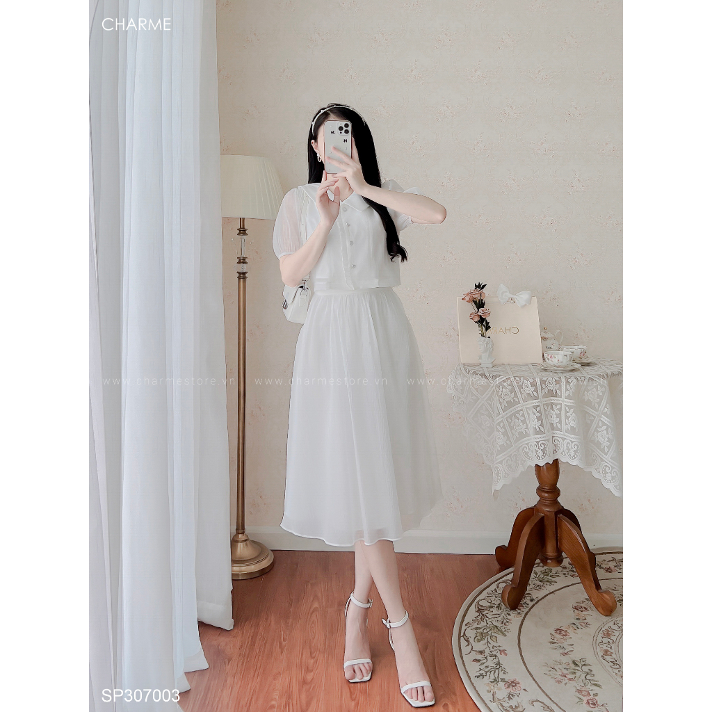 Set tiểu thư chất liệu tơ đũi chân váy xòe dài 307003