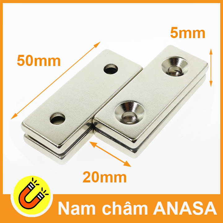 Nam châm chữ nhật kích thước 50x20x5mm vát 5mm lỗ bắt vít