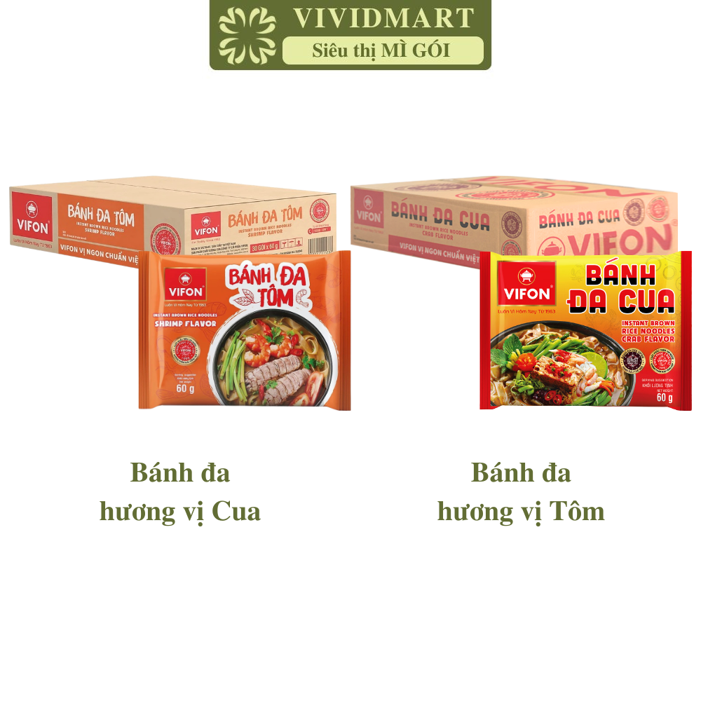 [THÙNG 30 GÓI] - VIFON - Bánh đa Vifon gói 3 vị: Cua, Tôm, Hải sản cay, bánh đa gói Vifon, bánh đa trộn Vifon ăn liền (60g/gói)