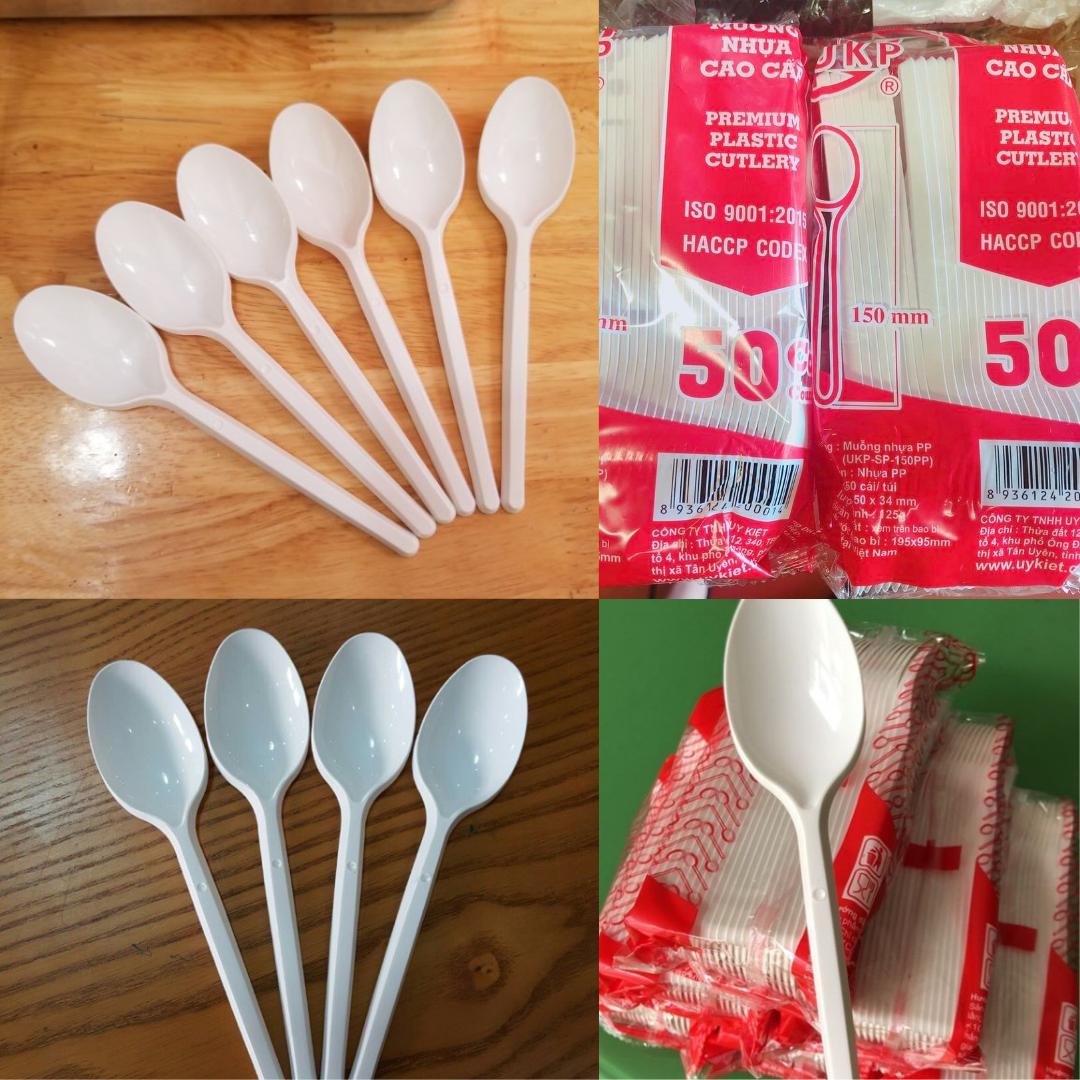 Thìa nhựa cứng UKP, 100 cái, màu trắng, chiều dài 15cm (loại đẹp)