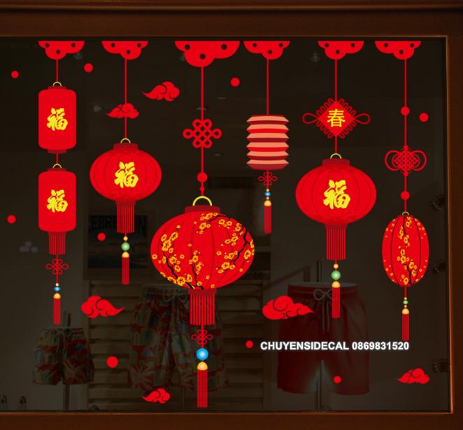 [HCM]Decal trang trí Tết - Lồng đèn hoa sắc đỏ