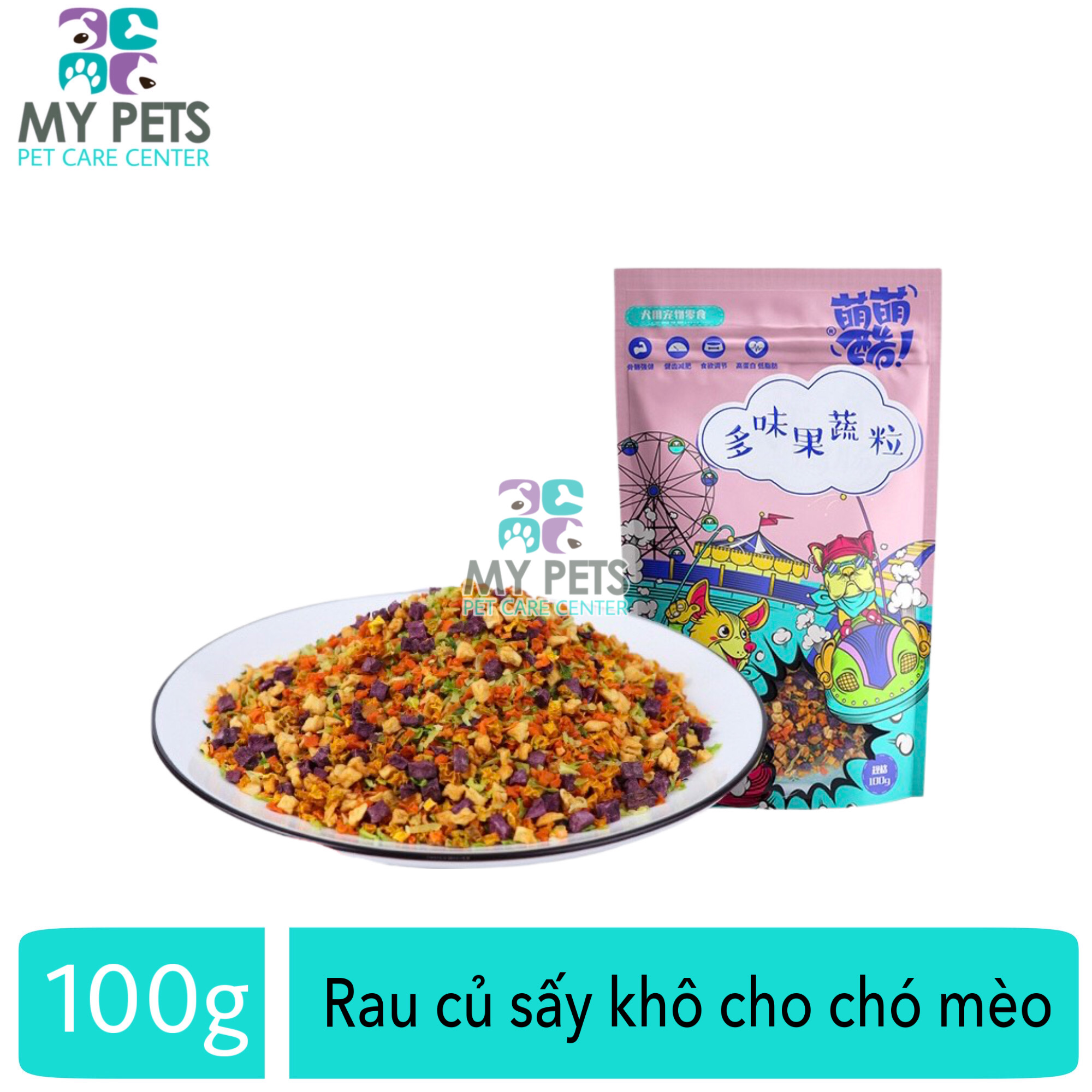 Rau củ sấy khô cho chó mèo (Khoai, bắp cải, bí đỏ, cà rốt, bông cải) dùng trộn cơm hoặc hạt cho chó mèo - Túi 100g