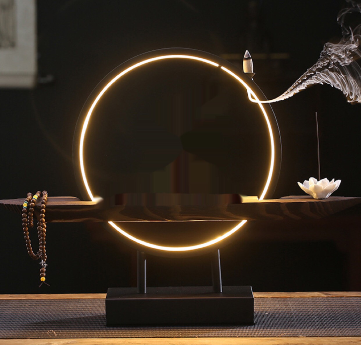 BỘ KỆ GỖ ĐẶT TƯỢNG CÓ ĐÈN LED VÀ THÁC KHÓI 6 món ( KHÔNG KÈM TƯỢNG và CÂY TÙNG )