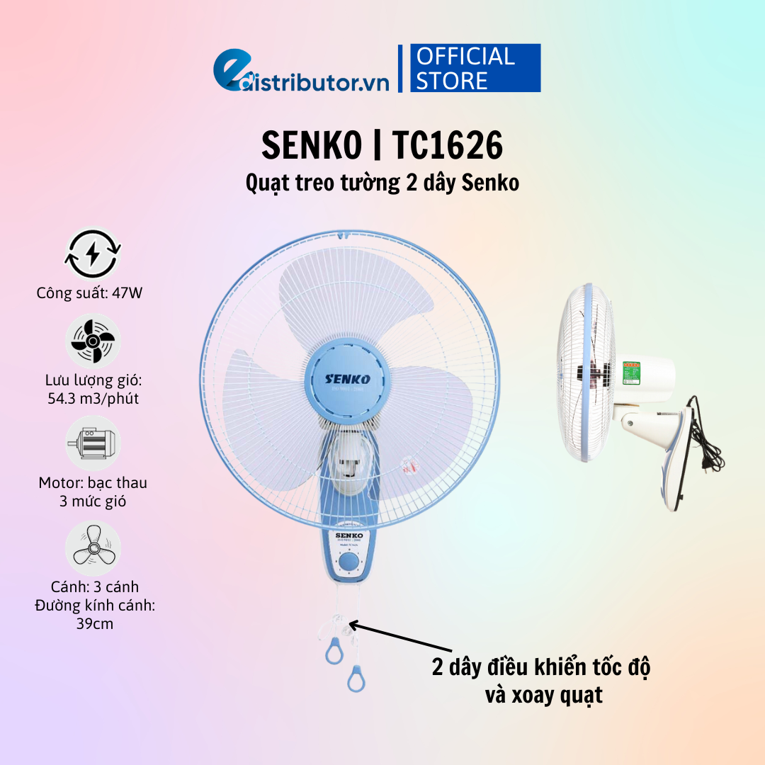 Quạt treo tường 3 cánh, 2 dây senko tc1626 màu ngẫu nhiên - hàng chính hãng - bảo hành 12 tháng