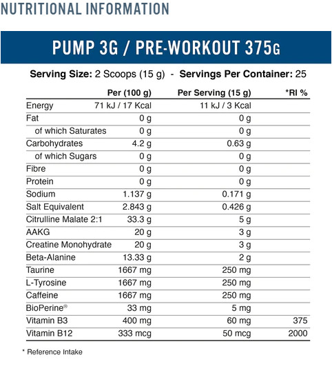 Pump 3G Pre Workout Applied Nutrition 50 scoops có caffein