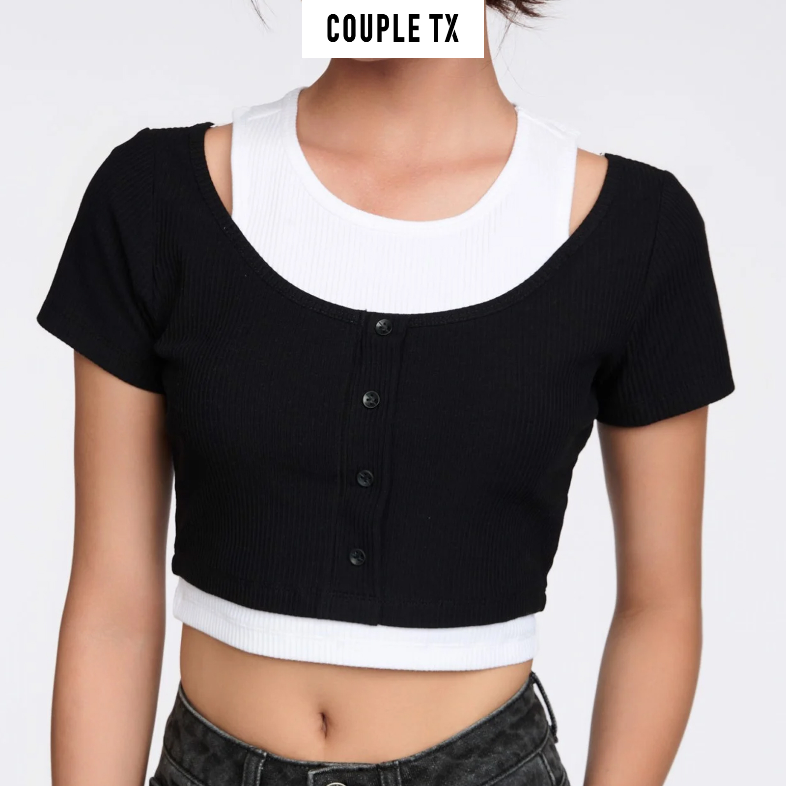 Áo Thun Nữ COUPLE TX - Áo Nữ Kiểu Đẹp Vải Gân Kiểu Phối 2 Layer WTS 2255