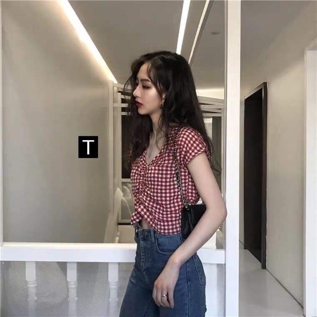[HCM]Áo Kiểu Nữ Croptop Rúm Ngực Ulzzang Hàn Quốc ( Đỏ và Đen)