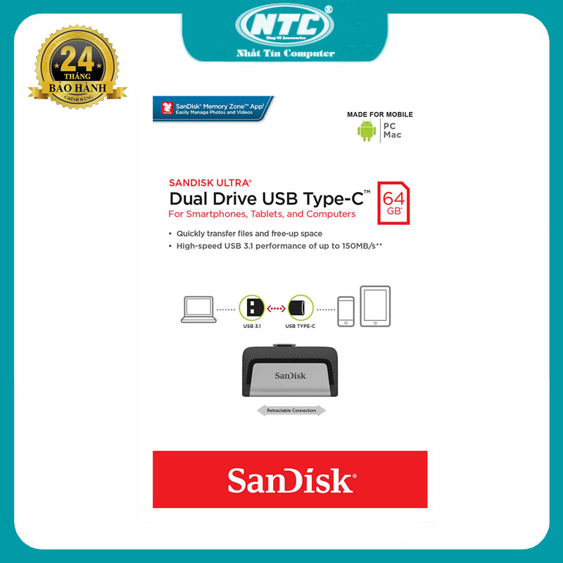 USB OTG Sandisk Ultra Dual TypeC 3.1 64GB 150MB/s SDDDC2-xxxG-G46 (Bạc) Nhất Tín Computer