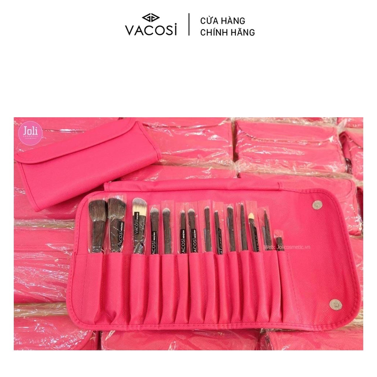 Bộ cọ cá nhân 14 cây & bóp da hồng Vacosi BC09