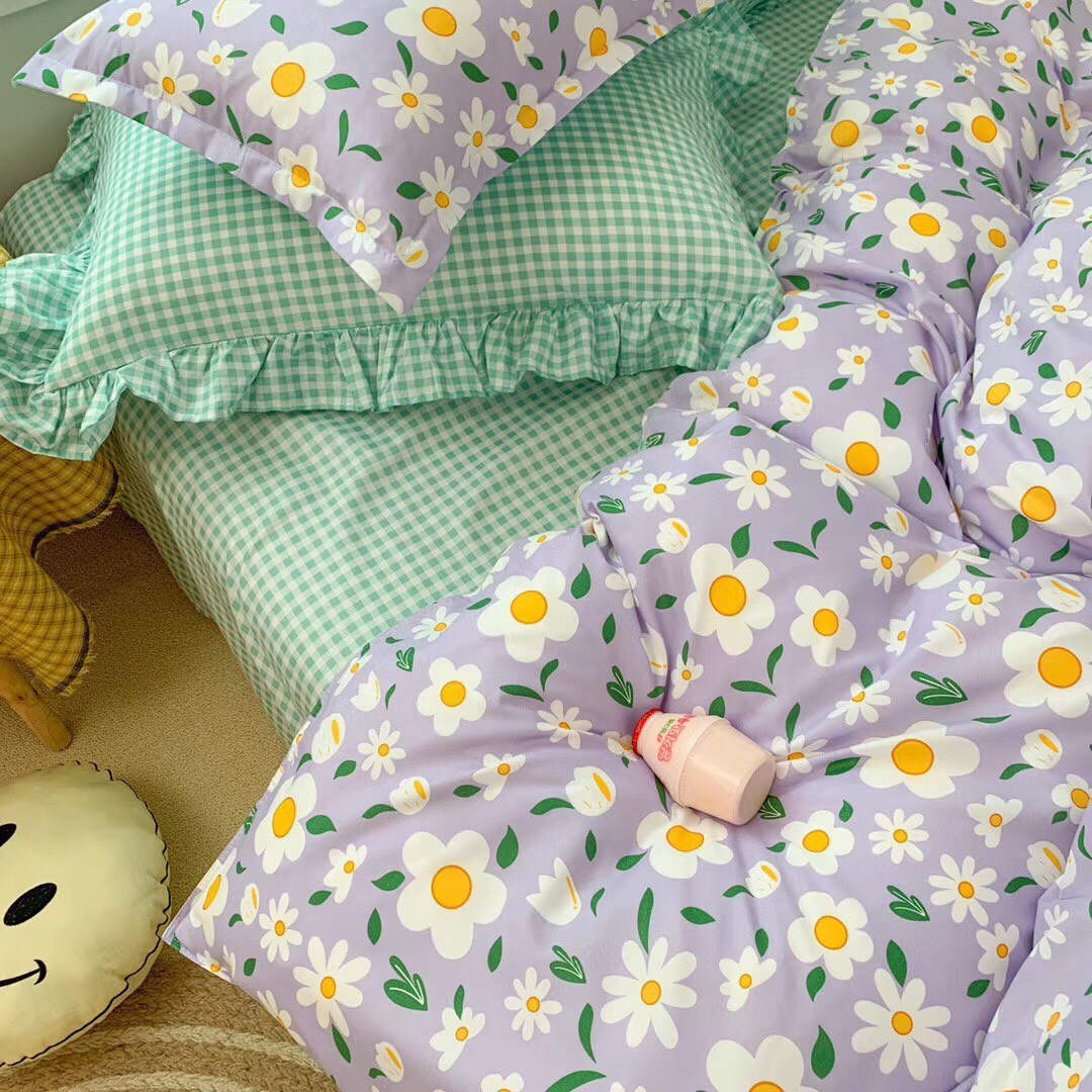 Trọn Bộ 4 Món Chăn Ga Gối Cotton Poly Nhập Mẫu HOA TÍM MỘNG MƠ