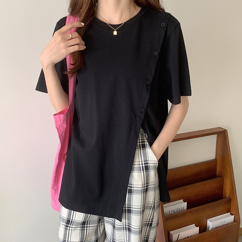 Áo thun nữ xẻ tà phối nút tay ngắn style Hàn quốc