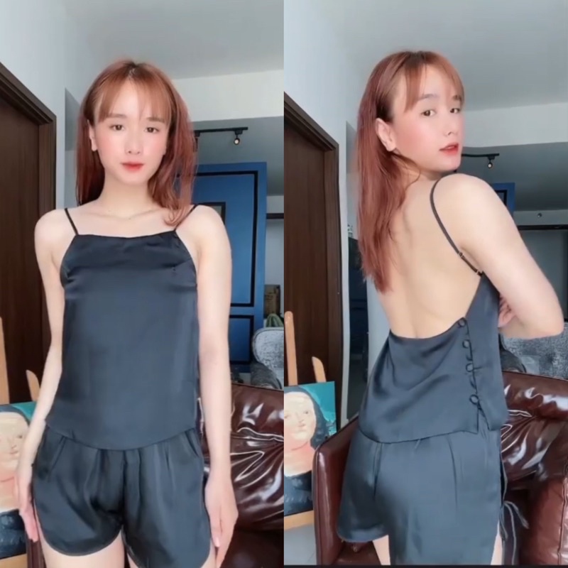 Bộ ngủ lụa hở lưng dây [Shi.Lingerie]