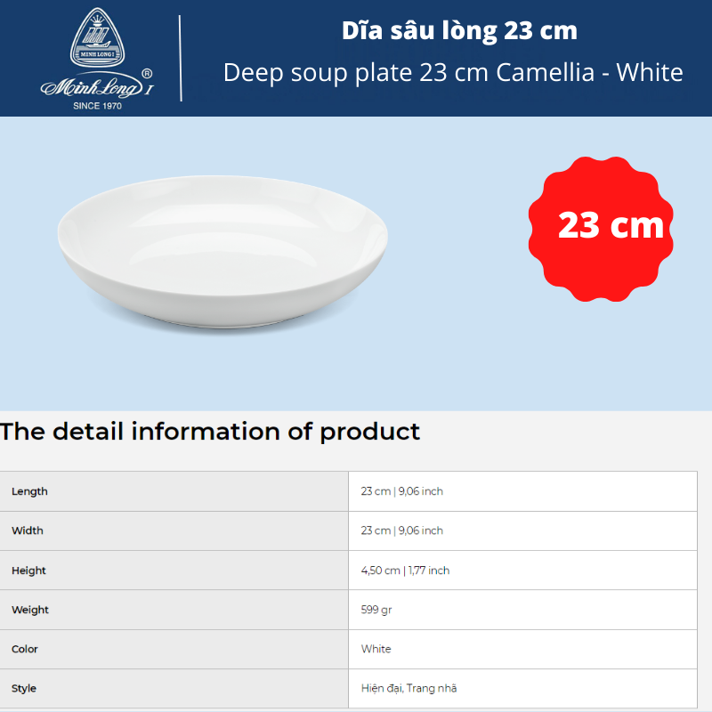 [HCM]Dĩa sâu lòng 23 cm - Camellia - Trắng