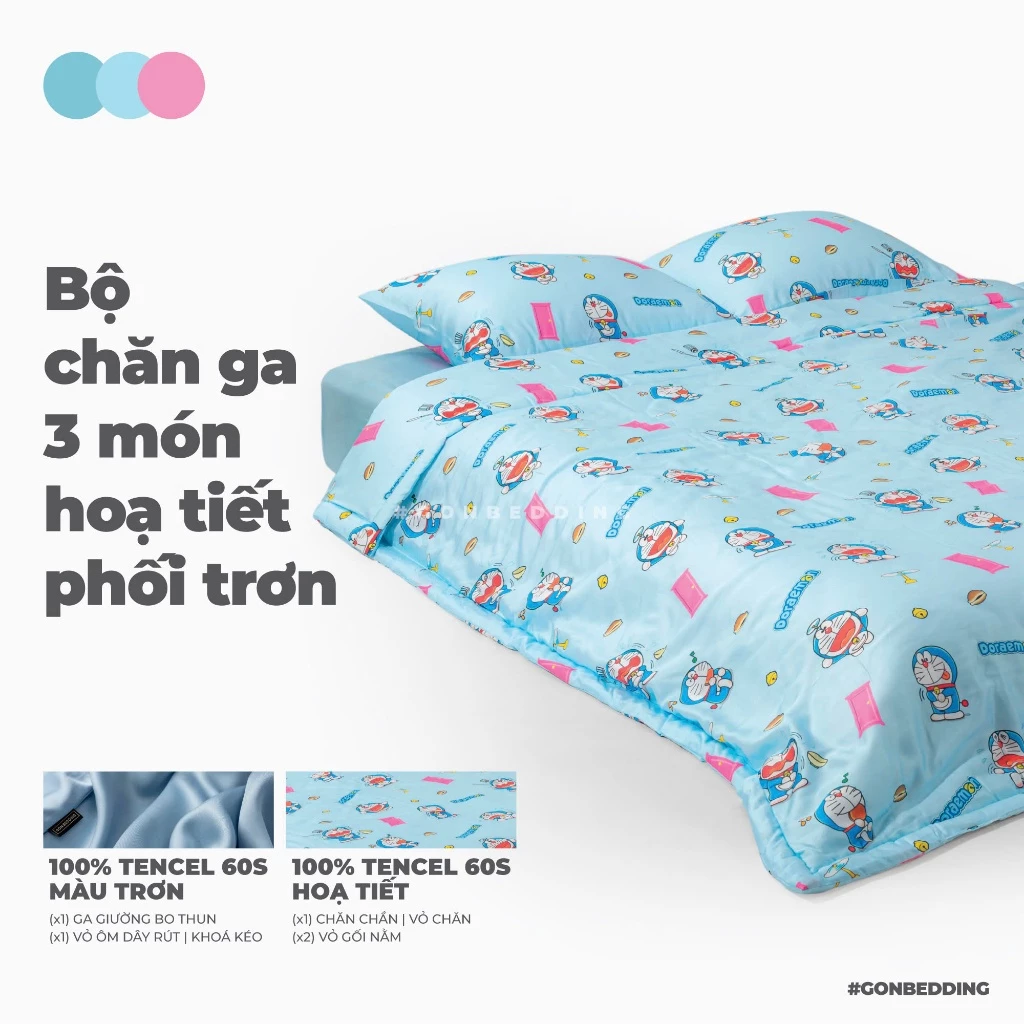 Bộ Chăn Gối 3 Món Gòn Bedding Lụa Tencel 60s - Lụa Modal cao cấp Hoạ tiết (gồm 1 Chăn chần và 2 Vỏ gối nằm)