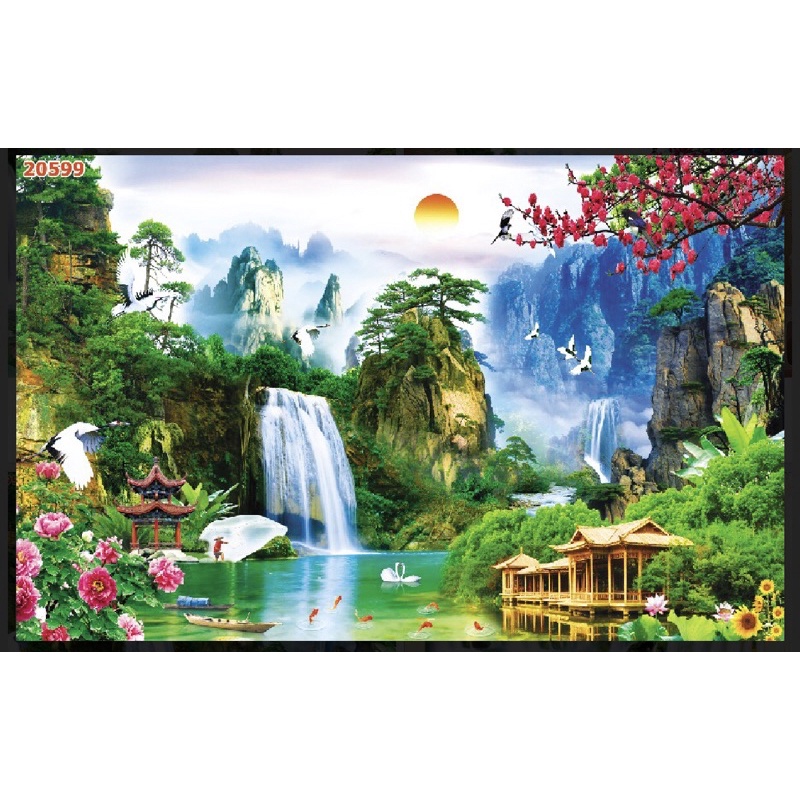 Tranh phong cảnh thác nước, sơn thuỷ dán tường 3d. tranh in vải lụa,