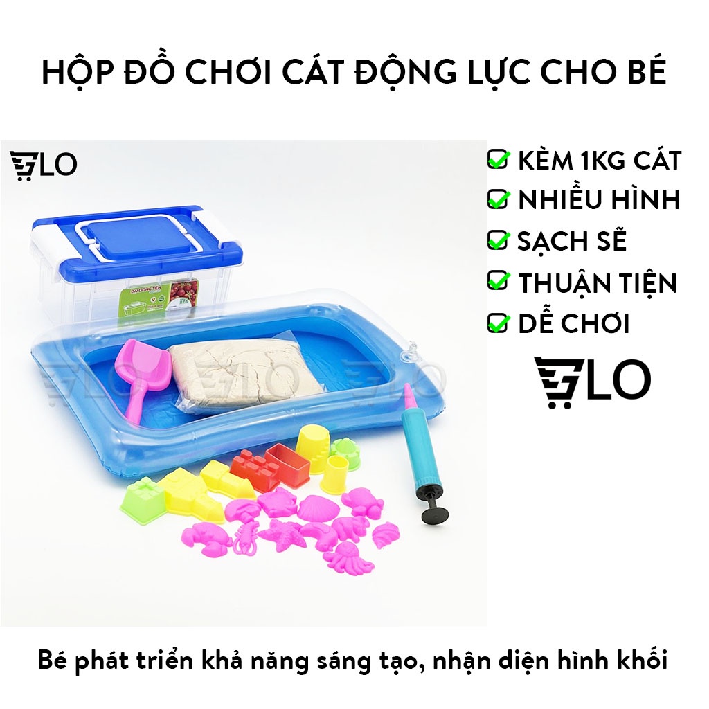 Hộp đồ chơi cát động lực dành cho bé, đủ bộ khuôn, bể, 1kg cát vi sinh an toàn cho trẻ em
